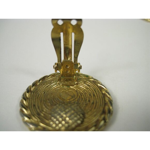 Vintage 1990s St John Logo Gold Tone Clip On Earrings Braided Rim Round 1 in - Picture 9 of 15